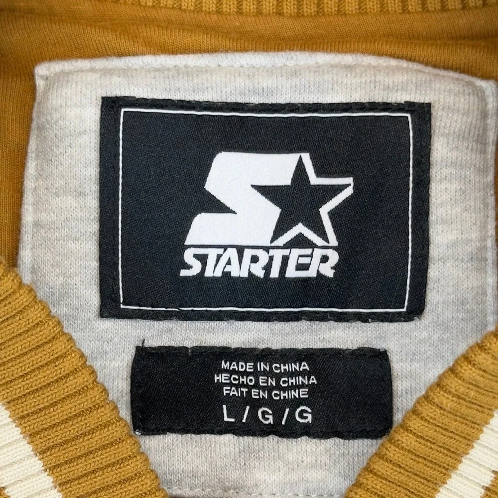 Starter Since 1971 Varsity Bomber Jacket Large Gray Mustard Gold Snap Look Star